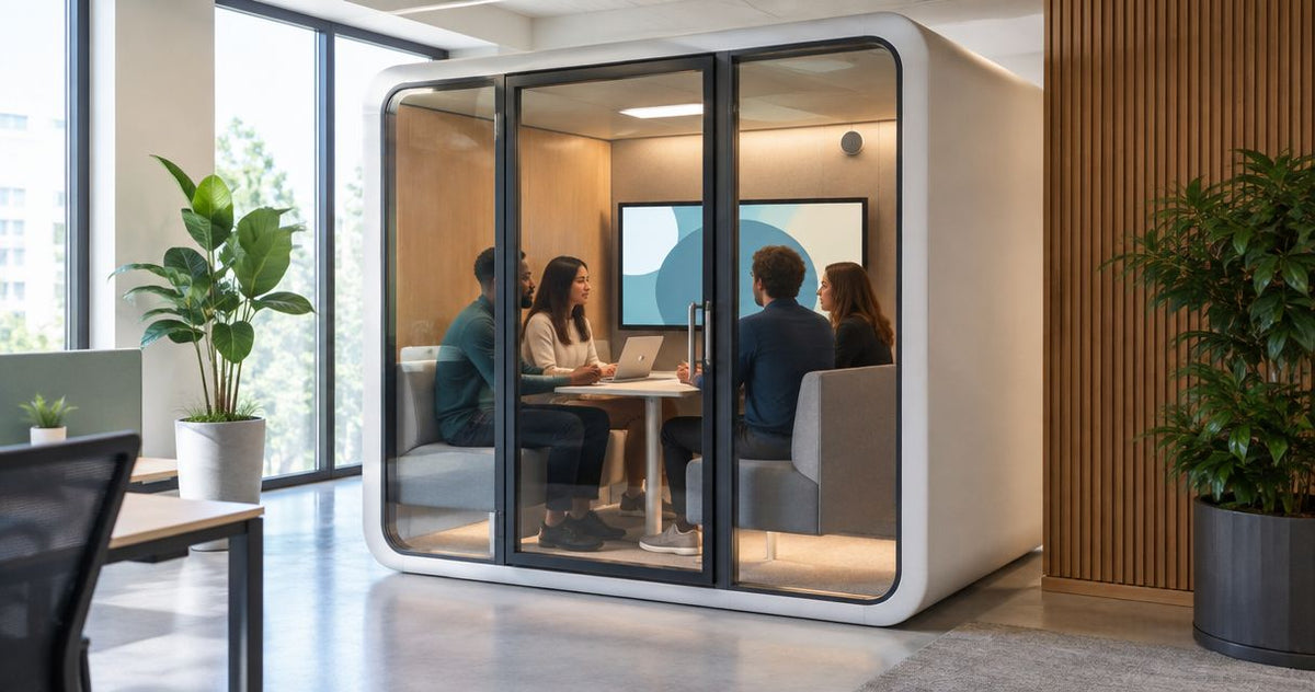 How much floor space does a four-person meeting pod need?