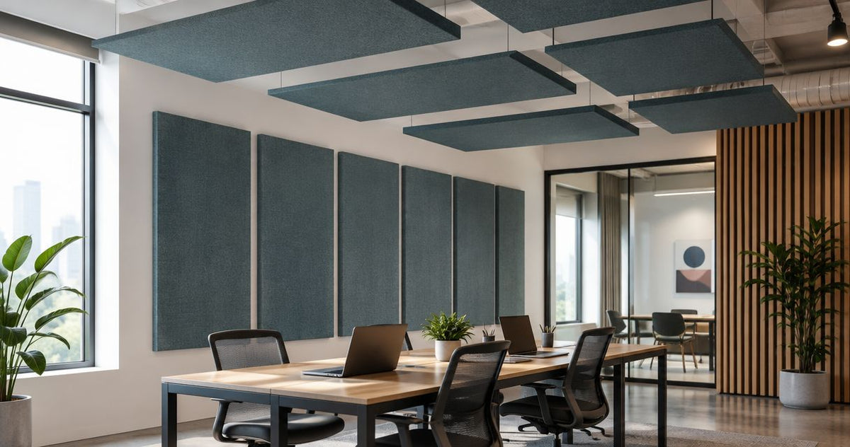 Pairing acoustic wall panels with ceiling rafts for sound control