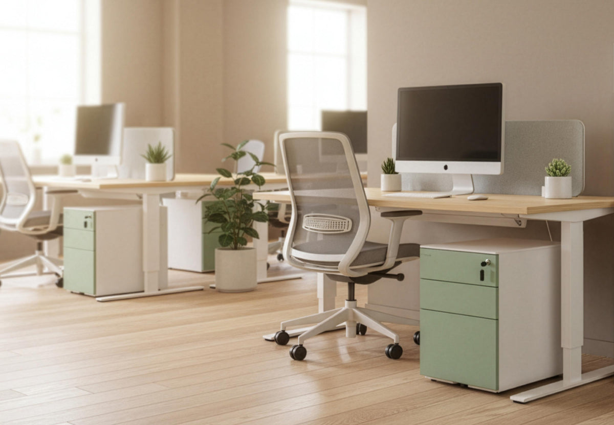Arredi per spazi di lavoro Quell Omni presso lo showroom di Clerkenwell, a Londra