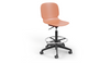 Aarhus Swivel Counter Stool by Quell Design in coral positioned around a modern kitchen island with wooden countertops and pendant lighting. Featuring a smooth moulded polypropylene seat, adjustable gas-lift height, 360-degree swivel, integrated footrest ring, and sturdy five-star base, this Scandinavian-inspired stool blends ergonomic comfort with minimalist contemporary style for residential and commercial interiors.