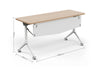 Tribute Adjustable Office Training Desk shown with dimensions 1500mm width, 550mm depth and 750mm height, featuring a castin oak and warm white melamine tabletop, aluminium support structure and mobile PU casters for flexible training and classroom environments.