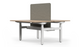 Vivo Up Elevate Height-Adjustable Workstation on a white background, featuring a 25mm E0-grade melamine desktop with ABS edge banding, dual-motor sit-stand steel leg system, integrated flip-up cable box, concealed cable management, fabric privacy screen and smart OLED controller; ergonomic height-adjustable workstation designed for modern, tech-enabled office environments.