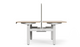 Vivo Up Elevate Height-Adjustable Workstation on a white background, featuring a 25mm E0-grade melamine desktop with ABS edge banding, dual-motor sit-stand steel leg system, integrated flip-up cable box, concealed cable management, fabric privacy screen and smart OLED controller; ergonomic height-adjustable workstation designed for modern, tech-enabled office environments.