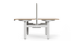 Vivo Up Elevate Height-Adjustable Workstation on a white background, featuring a 25mm E0-grade melamine desktop with ABS edge banding, dual-motor sit-stand steel leg system, integrated flip-up cable box, concealed cable management, fabric privacy screen and smart OLED controller; ergonomic height-adjustable workstation designed for modern, tech-enabled office environments.