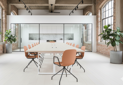 Coral Aarhus Eiffel Arm Chairs by Quell Design arranged around a long conference table in a modern industrial-style meeting room with exposed red brick walls, high ceilings, and large windows. These Scandinavian-inspired chairs feature smooth moulded polypropylene seats with integrated armrests and black Eiffel-style steel rod bases, combining ergonomic comfort, durability, and minimalist elegance for contemporary office interiors.