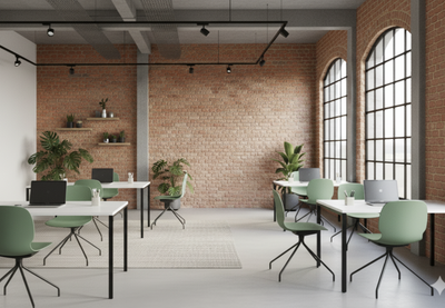 Aarhus Eiffel Chairs by Quell Design in soft morandi green arranged around multiple tables in a spacious modern office with exposed red brick walls, high ceilings, and large industrial-style windows. These Scandinavian-inspired chairs feature smooth moulded polypropylene seats and black Eiffel-style steel rod bases, offering ergonomic comfort and minimalist elegance for collaborative and creative work environments.