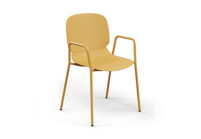 Aarhus Bistro Arm Chair by Quell Design – a modern Scandinavian-style chair in ginger with an ergonomic moulded polypropylene seat and integrated curved armrests. Supported by slim black powder-coated steel legs, this elegant and durable chair is ideal for collaborative offices, cafés, and contemporary dining spaces, blending comfort, functionality, and minimalist design.