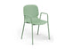 Aarhus Bistro Arm Chair by Quell Design – a modern Scandinavian-style chair in morandi green with an ergonomic moulded polypropylene seat and integrated curved armrests. Supported by slim black powder-coated steel legs, this elegant and durable chair is ideal for collaborative offices, cafés, and contemporary dining spaces, blending comfort, functionality, and minimalist design.