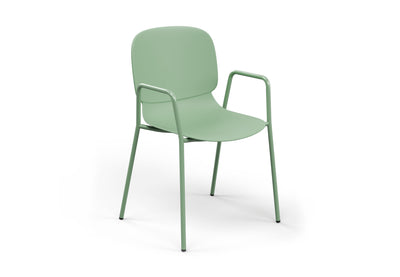 Aarhus Bistro Arm Chair by Quell Design – a modern Scandinavian-style chair in morandi green with an ergonomic moulded polypropylene seat and integrated curved armrests. Supported by slim black powder-coated steel legs, this elegant and durable chair is ideal for collaborative offices, cafés, and contemporary dining spaces, blending comfort, functionality, and minimalist design.
