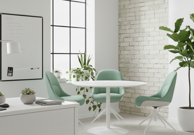 Bloom Chairs by Quell Design in soft pastel aqua upholstery arranged in a modern office setting with exposed brick walls, white furniture, and minimalist décor. These Scandinavian-inspired chairs feature contoured ergonomic seats with linen-velvet and eco PU panels on sleek black Eiffel-style bases, combining comfort, texture, and contemporary elegance for collaborative and creative workspaces.