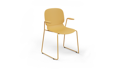Aarhus Bistro Carver Stackable Chair by Quell Design – sculptural modern chair in ginger moulded polypropylene shell with integrated armrests and sleek electrostatic powder-coated steel frame. The ergonomic, contoured seat offers comfort while its stackable design makes it perfect for dynamic office, café or communal spaces.