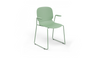 Aarhus Bistro Carver Stackable Chair by Quell Design – sculptural modern chair in morandi green moulded polypropylene shell with integrated armrests and sleek electrostatic powder-coated steel frame. The ergonomic, contoured seat offers comfort while its stackable design makes it perfect for dynamic office, café or communal spaces.