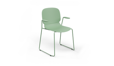 Aarhus Bistro Carver Stackable Chair by Quell Design – sculptural modern chair in morandi green moulded polypropylene shell with integrated armrests and sleek electrostatic powder-coated steel frame. The ergonomic, contoured seat offers comfort while its stackable design makes it perfect for dynamic office, café or communal spaces.
