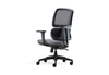 Støtte Flex Task Chair in grey with a midnight-blue frame shown on a white background, featuring a breathable Korean mesh back, moulded-foam fabric seat, midnight-blue 3D nylon armrests and a smooth synchro mechanism with multiple locking positions. Designed for ergonomic performance in modern offices, the chair includes a Class-4 Samhongsa gas lift, a durable black nylon base and black PU castors for stable, high-mobility seating.