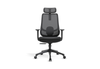 Aarhus Mesh High-Back Office Chair in black shown on a white background, featuring a breathable mesh backrest with built-in lumbar support, height-adjustable headrest, moulded-foam fabric seat with seat-slide function, and 3D adjustable armrests with PU pads. Designed for ergonomic workplace comfort, the chair includes a multi-locking synchro mechanism, smooth gas-lift height adjustment and a durable nylon base with black PU castors for reliable mobility in modern office settings.