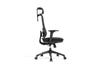 Aarhus Mesh High-Back Office Chair in black shown on a white background, featuring a breathable mesh backrest with built-in lumbar support, height-adjustable headrest, moulded-foam fabric seat with seat-slide function, and 3D adjustable armrests with PU pads. Designed for ergonomic workplace comfort, the chair includes a multi-locking synchro mechanism, smooth gas-lift height adjustment and a durable nylon base with black PU castors for reliable mobility in modern office settings.