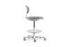 Toro Pivot Motion Barstool in grey/white shown on a white background, featuring a height-adjustable moulded-foam backrest upholstered in Gabriel Mozart fabric, a plastic seat shell with adjustable height and moulded-foam cushioning, and a Class-4 gas lift for smooth elevation. Designed for ergonomic comfort in modern workplaces, the barstool includes a sturdy nylon base, integrated foot ring and PU castors for stable, flexible mobility in contemporary bar-height and collaborative settings.