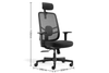 Fokus High Comfort Task Chair with black frame shown on a white background next to its dimensions (Width 500mm × Depth 580mm × Height 1120mm). Ergonomic high-back office chair with height-adjustable headrest, mesh back with lumbar support, fabric seat with moulded foam, height-adjustable PU armrests, G015-13 synchron mechanism, gas lift, nylon base, and PU castors.