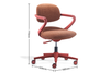 Kubo Contemporary Desk Chair in coral red shown on a white background next to its dimensions (Width 565mm × Depth 550mm × Height 770mm), featuring a fabric-upholstered back and seat with moulded foam, height-adjustable gas-lift mechanism, and durable nylon base with PU castors for smooth mobility in modern workspaces.