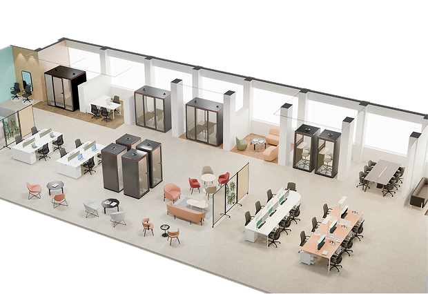 A workplace combining acoustic booths and breakout furniture