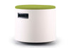 Ikon Rounded Comfort Stool in green shown on a clean white background, featuring a fabric seat, white rounded plastic shell and PP engineered plastic base. Modern ergonomic stool designed for contemporary offices, collaborative spaces and commercial interiors.