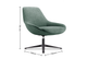 Ørgg Contour Lounge Chair in green on a white background next to its dimensions (Width 755mm × Depth 730mm × Height 765mm), featuring a sculpted moulded-foam seat and backrest with high-quality fabric upholstery and a black powder-coated steel frame. Designed for modern lounge, hospitality, and office environments, this contemporary lounge chair offers ergonomic comfort, durable construction, and a refined, design-forward aesthetic.