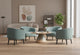 Keebu Breakout Lounge Chairs arranged in a comfortable breakout room, featuring four upholstered lounge chairs on wooden flooring with beige walls and high ceilings, showcasing modern seating for relaxed office and collaborative spaces.