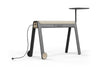 The LinForm Hybrid Workspace System shown on a white background. This modern workstation features a layered tabletop with an acoustic panel and powder-coated MDF surface for durability and sound absorption. It stands on aluminium legs with die-cast foot caps and PU wheels for easy mobility and includes a framed acoustic screen, a Gabriel fabric-wrapped cushion and a built-in multifunctional socket for flexible, connected workspaces.