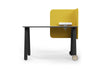 The LinForm Privacy Hot Desk shown on a white background, this modern workstation features a powder-coated MDF tabletop with smooth bevelled edges, supported by a sturdy aluminium alloy frame with sculpted legs and die-cast connectors. The desk includes a fabric privacy screen for acoustic comfort, PU castors for easy mobility, and an integrated multifunctional socket, offering a refined, flexible solution for contemporary collaborative and focused workspaces.