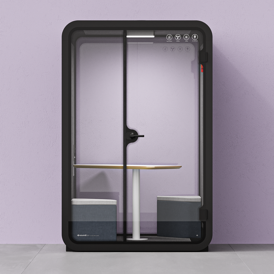 Office Phone Booth Quell - 2 PersonCharcoal / Dark Gray / Meeting Room + Table + Corner Stool