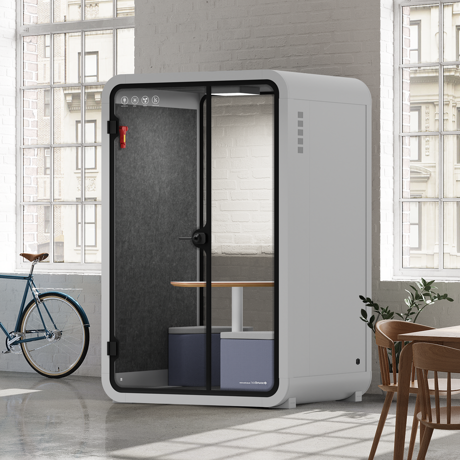 Office Phone Booth Quell - 2 PersonLight Grey / Dark Gray / Meeting Room + Table + Corner Stool