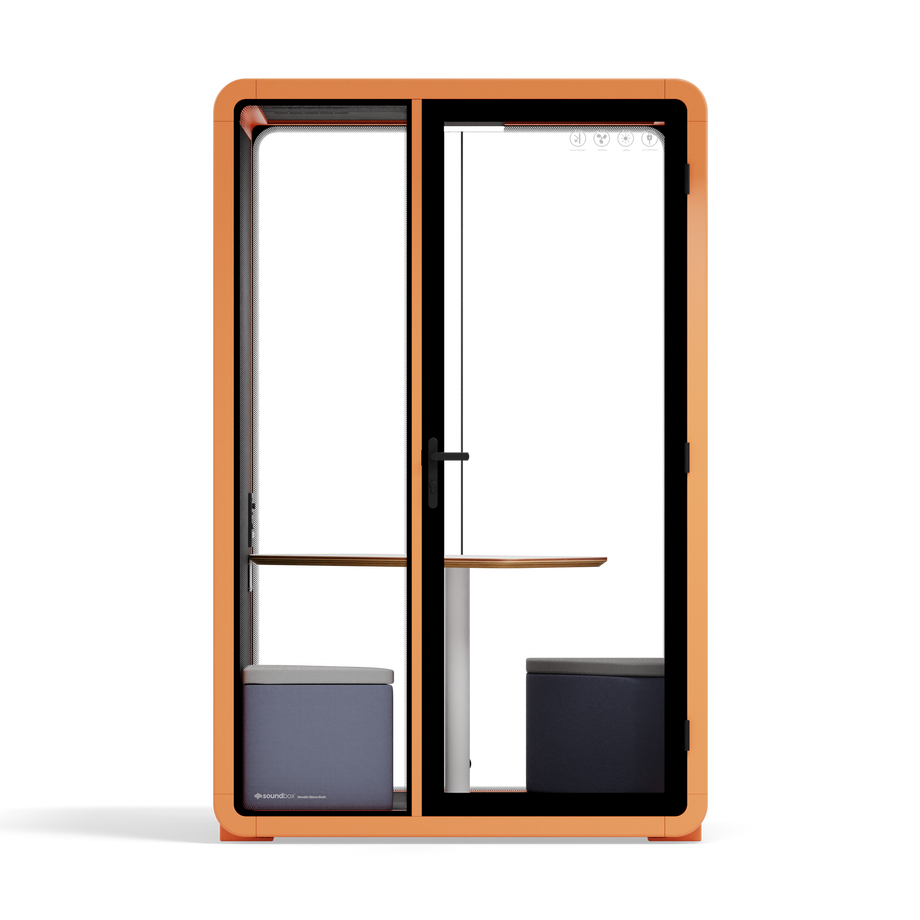 Quell+ - 2 Person PodOrange / Dark Gray / Meeting Room + Table + Corner Stool