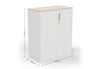 Moda Office Storage Cabinet on a white background with dimensions Width 900mm × Depth 450mm × Height 1102mm. The cabinet features a durable powder-coated surface, ABS handles, damping buffer hinges, a front lock, and a laminate top, offering practical and stylish storage for modern offices and collaborative workspaces.