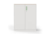Moda Office Storage Cabinet shown on a white background. This modern storage cabinet features a durable electrostatic powder-coated surface, ABS handles, damping buffer hinges, a front lock, and a laminate top, providing stylish, secure, and functional storage for office and collaborative environments.