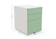 Moda Mobile Filing Cabinet on a white background shown beside its dimensions (Width 390mm × Depth 523mm × Height 567mm), highlighting its powder-coated steel construction, Hettich slide rails, front lock and POM casters; modern, durable mobile office storage for efficient organisation.