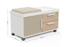 Moda Mobile Storage Cabinet on a white background displaying dimensions of width 800mm x depth 400mm x height 450mm, featuring a two-drawer one-door design, melamine-finished E0 particleboard construction and mobile caster base for modern, space-efficient office storage.