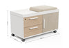 Moda Mobile Storage Cabinet on a white background displaying dimensions of width 800mm x depth 400mm x height 450mm, featuring a two-drawer one-door design, melamine-finished E0 particleboard construction and mobile caster base for modern, space-efficient office storage.
