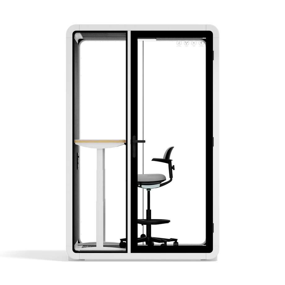 Quell+ - 2 Person PodWhite / Dark Gray / Electric Adjustable Work Station + Stool
