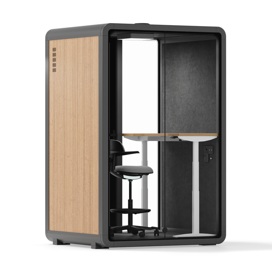 Quell+ - 2 Person PodWooden / Dark Gray / Electric Adjustable Work Station + Stool