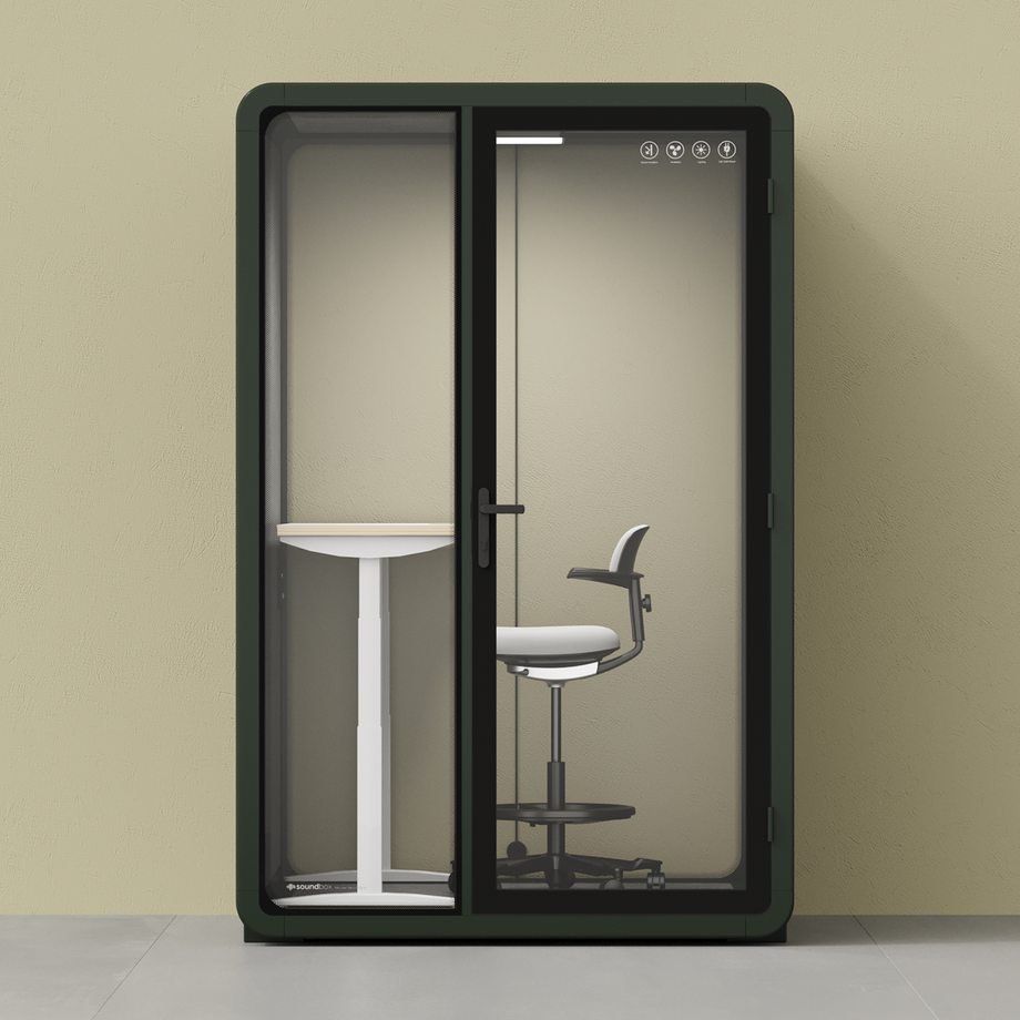 Quell+ - 2 Person PodDark Green / Dark Gray / Electric Adjustable Work Station + Stool
