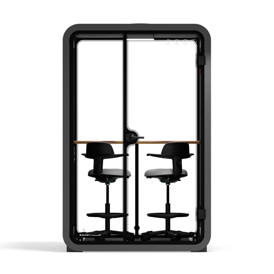 Office Phone Booth Quell - 2 PersonCharcoal / Dark Gray / Dual Zoom Room + Device Shelf + 2 Barstools