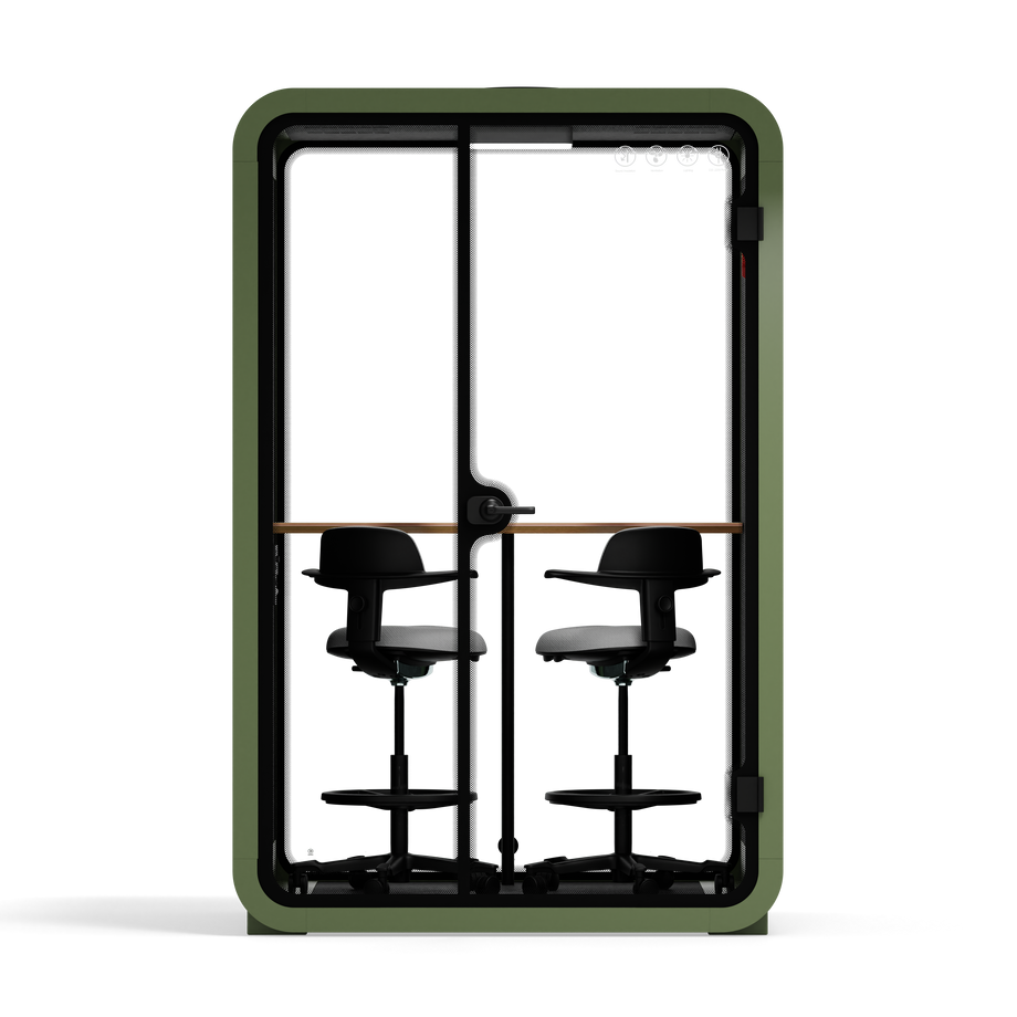 Office Phone Booth Quell - 2 PersonGreen / Dark Gray / Dual Zoom Room + Device Shelf + 2 Barstools