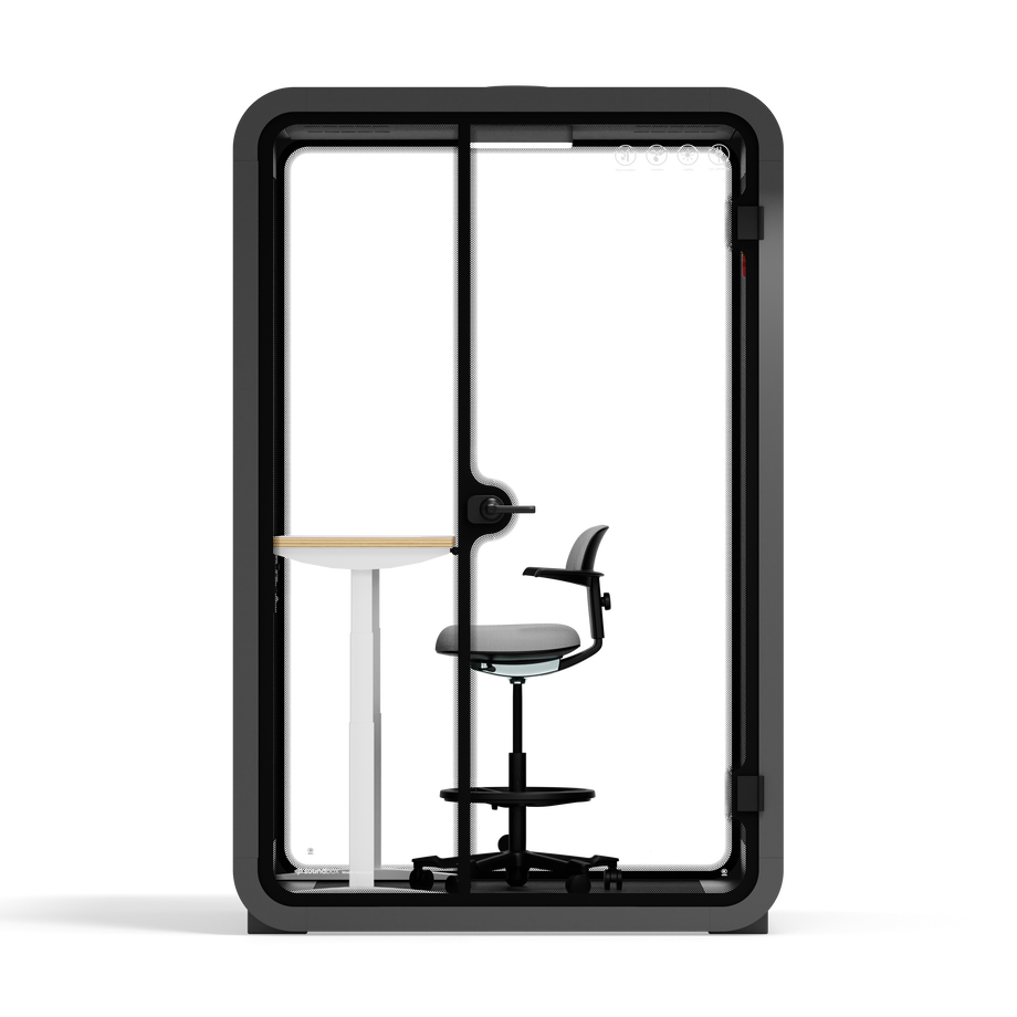 Office Phone Booth Quell - 2 PersonCharcoal / Dark Gray / Electric Adjustable Work Station + Stool
