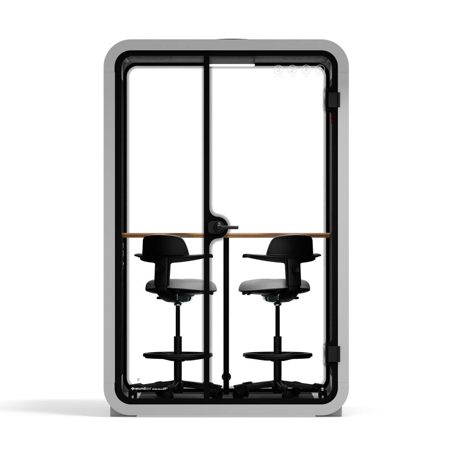 Office Phone Booth Quell - 2 PersonLight Grey / Dark Gray / Dual Zoom Room + Device Shelf + 2 Barstools