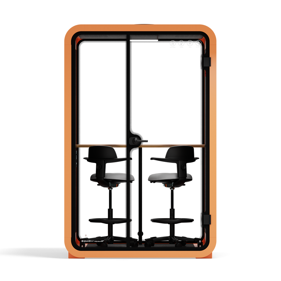 Office Phone Booth Quell - 2 PersonOrange / Dark Gray / Dual Zoom Room + Device Shelf + 2 Barstools