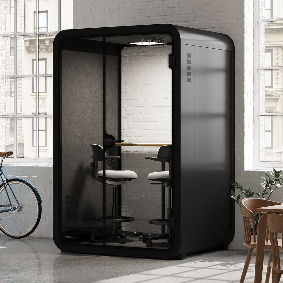 Office Phone Booth Quell - 2 PersonCharcoal / Dark Gray / Dual Zoom Room + Device Shelf + 2 Barstools
