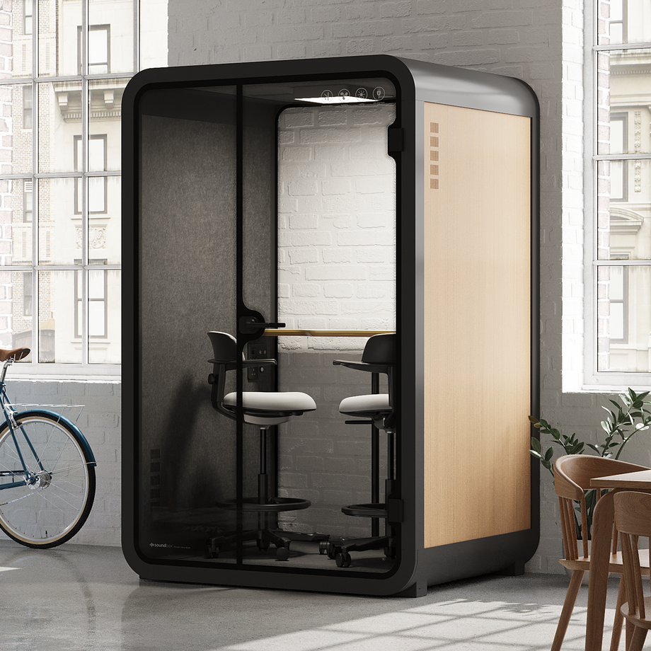 Office Phone Booth Quell - 2 PersonWooden / Dark Gray / Dual Zoom Room + Device Shelf + 2 Barstools