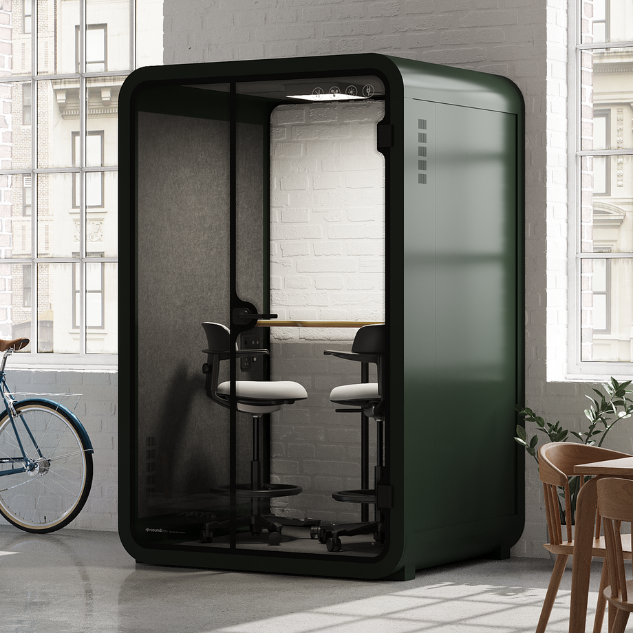 Office Phone Booth Quell - 2 PersonGreen / Dark Gray / Dual Zoom Room + Device Shelf + 2 Barstools