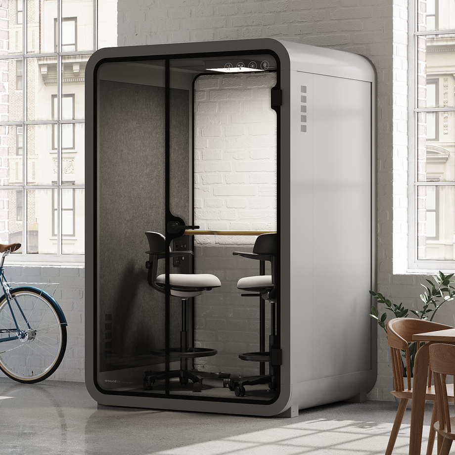 Office Phone Booth Quell - 2 PersonLight Grey / Dark Gray / Dual Zoom Room + Device Shelf + 2 Barstools