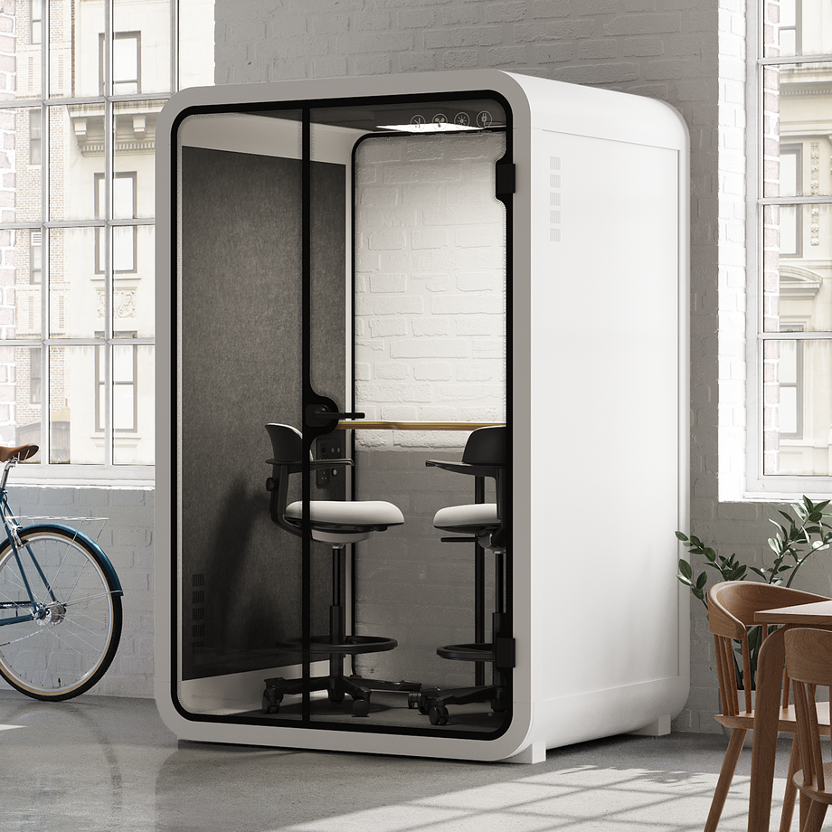 Office Phone Booth Quell - 2 PersonWhite / Dark Gray / Dual Zoom Room + Device Shelf + 2 Barstools